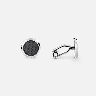 Cufflinks, Round In Stainless Steel With Carbon-patterned Inlay