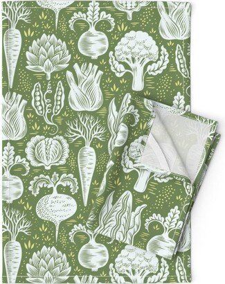 Vintage Style Veggie Tea Towels | Set Of 2 - Turnip The Beet By Rebelform Green & White Botanical Linen Cotton Spoonflower