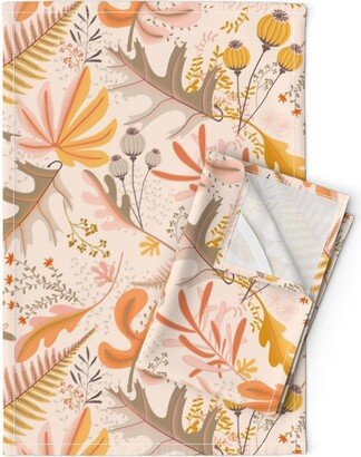 Blush Autumn Tea Towels | Set Of 2 - Botanicals By Garabateo Orange Pink Leaves Foliage Linen Cotton Spoonflower