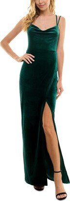 Juniors' Velvet Tie-Back Side-Slit Gown