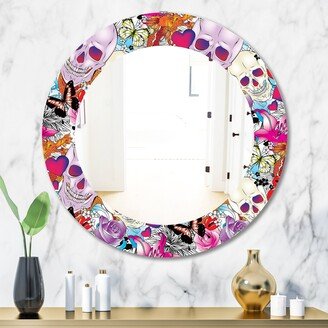 Designart 'Pattern With Hearts, Skulls and Flowers' Printed Bohemian and Eclectic Oval or Round Wall Mirror