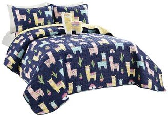 Make A Wish Southwest Llama Cactus 3 Piece Quilt Set for Kids, Twin - Navy, Yellow