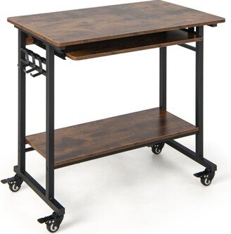 Rolling Laptop Table with Pull-out Keyboard Tray and Hooks-Rustic Brown