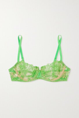 Jardin De Tuilerie Satin-trimmed Embroidered Tulle Underwired Bra - Green