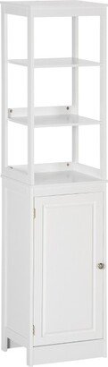 kleankin Tall Bathroom Storage Cabinet, Freestanding Linen Tower with 3-Tier Open Shelf and Cupboard, Slim Floor Organizer, White