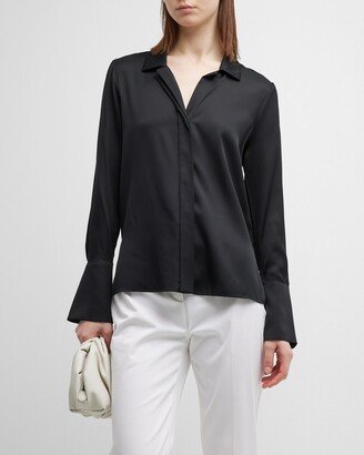 Liv Split-Cuff Stretch Silk Blouse-AA