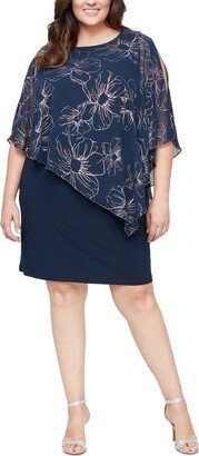 Plus Size Metallic Floral Asymmetrical Capelet Dress - Navy/Rose Gold