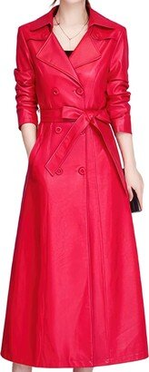 Generic Women's Double Breasted Red Faux Leather Outfit Elegant Office Belted Long Leather Trench Coat(US