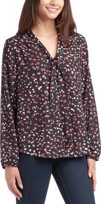 Juniors' Printed Tie-Neck Long-Sleeve Blouse