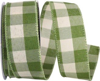 Moss Green And Cream Plaid Twill Wired Ribbon