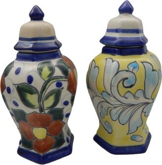 Set Of 2 Talavera Mexican Glazed Pottery Tibor Ginger Jar Canister with Lid Hanpainted # 07