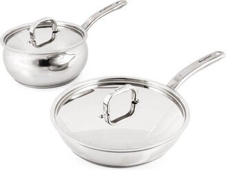 Belly Shape 18/10 Stainless Steel 4Pc Skillet & Saucepan Set, Metal Lid