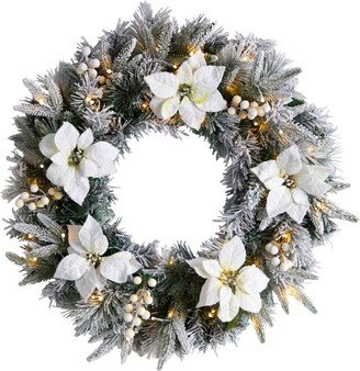 Flocked Poinsettia and Pine Artificial Christmas Wreath with 50 Warm Led Lights, 24