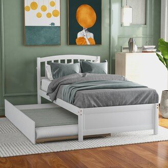 EDWINRAY Twin Size Platform Bed Wood Bed Frame with Trundle and Ten Supporting Slats