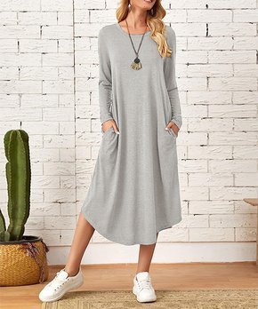 Gray Long-Sleeve Midi Shift Dress - Women