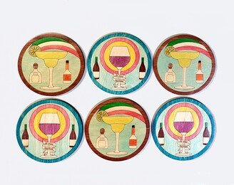 Wine & Margarita Waterproof Wooden Coasters, Set Of 6 Handmade With Case, Original Hand Colored Homemade Ink. in Vino Veritas Fiesta