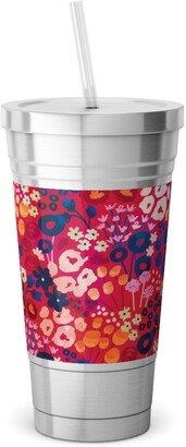 Travel Mugs: Modern Retro Floral - Multi Stainless Tumbler With Straw, 18Oz, Multicolor