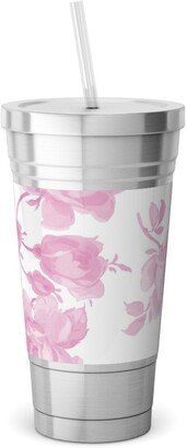 Travel Mugs: Saint Colette June Roses - Pink Stainless Tumbler With Straw, 18Oz, Pink