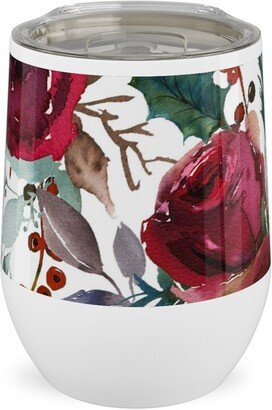 Travel Mugs: Holiday Florals Red On White Stainless Steel Travel Tumbler, 12Oz, Multicolor