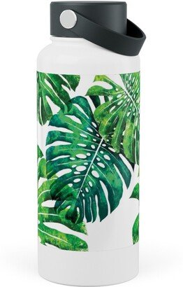 Photo Water Bottles: Monstera Leaves - Green On White Stainless Steel Wide Mouth Water Bottle, 30Oz, Wide Mouth, Green