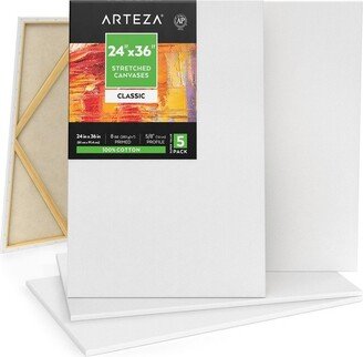 Arteza Stretched Canvas, Classic, White, 24x36, Large Blank Canvas Boards for Painting- 5 Pack