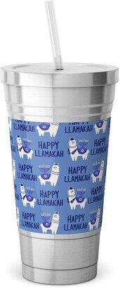 Travel Mugs: Happy Llamakah - Blue Stainless Tumbler With Straw, 18Oz, Blue