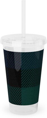Travel Mugs: Blackwatch Tartan - Black Acrylic Tumbler With Straw, 16Oz, Black
