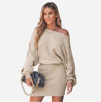 Women' Rib Buttoned One-houlder Mini Sweater Dre - Cuphe-XL-Apricot