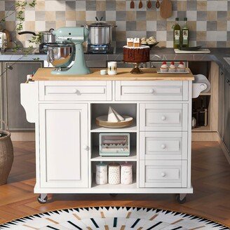 Interbath Kitchen Island Cart with Rubber Wood Top and Locking Wheels
