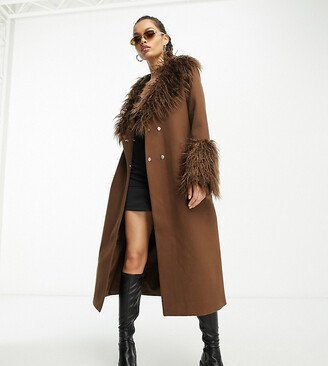 Violet Romance Petite belted longline coat with faux fur trims in chocolate brown