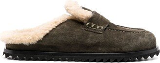 Shearling-Trimmed Suede Mules