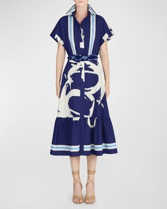 Loni Abstract-Print Belted Midi Shirtdress