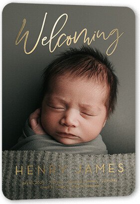 Birth Announcements: Gleaming Welcome Birth Announcement, White, Gold Foil, 5X7, Matte, Personalized Foil Cardstock, Rounded