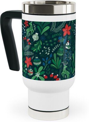 Travel Mugs: Merry Christmas Floral - Dark Travel Mug With Handle, 17Oz, Green