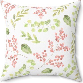 Floral Boho Throw Decorative Pillow | Eucalyptus Leaves, Green White Red, Berries Watercolor Squared, Lumbar Zippered Accent