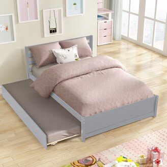 TOSWIN Natural Pine Solid Wood Full Size Platform Bed Frame with Headboard, Twin Trundle, and Slat Platform