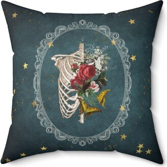 Gothic Floral Skeleton Throw Pillow, Home, Flower Ribcage, Emerald/Teal Tone With Roses & Butterflies Around The Skeletal Ribcage