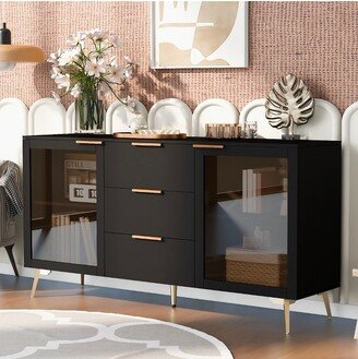 2-Door Storage Cabinet With 3 Drawers and Metal Handles, Black