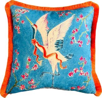 Japanese Crane Pattern Throw Pillow - Blue Velvet Case Orange Tassel Cushion Decorative Home Decor Animal Print
