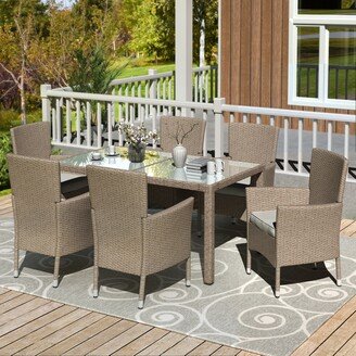 EDWINRAYLLC Modern Outdoor Wicker Dining Set, 7 Piece Patio Dinning Table Beige-Brown Wicker Furniture Seating for Patio/Garden