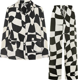 Not Just Pajama Queen Of Chess Long Silk Pyjama Set - Black