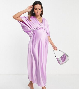 ASOS DESIGN Maternity wrap front batwing sleeve satin midi dress in lilac