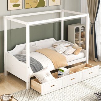 Calnod Twin Size Wooden Canopy Daybed with 3 in 1 Storage Drawers