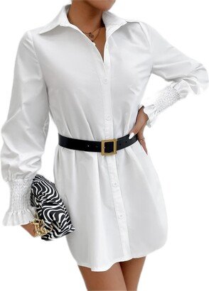 DREMDO Women's Dresses Solid Flounce Sleeve Blouse Without Belt Dress for Women (Color : White