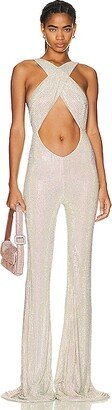 The New Arrivals by Ilkyaz Ozel Jeweled Party Jumpsuit in Metallic Silver