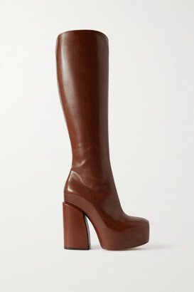 Leather Platform Knee Boots - Brown