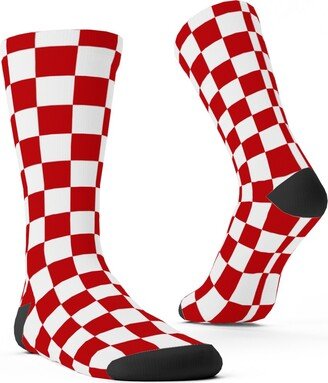 Socks: Checkerboard - Red And White Custom Socks, Red