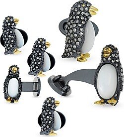 Penguin Sterling Silver, Mother Of Pearl & Marcasite Stud & Cufflink Set