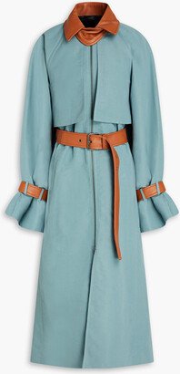 Leather-trimmed slub woven trench coat