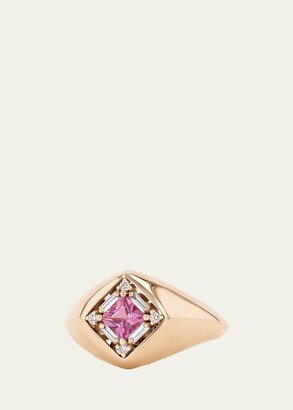 Princess Pink Sapphire and Diamond Mini Signet Ring, Size 6